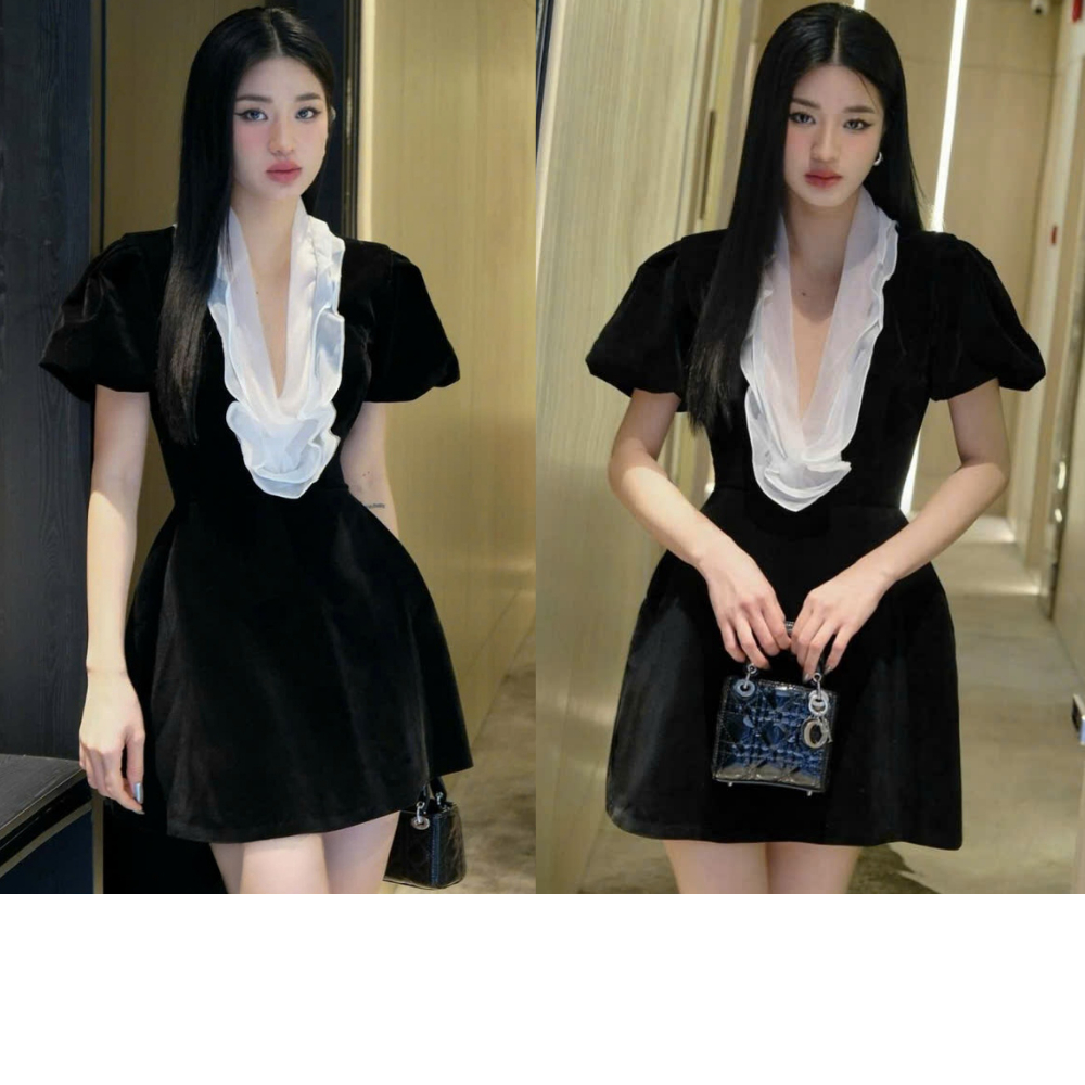 HIBEESTORE ชุดเดรสกํามะหยี่คอวีสีดําพร้อมผ้าระบายสีขาวชุดเดรสดีไซน์แขนบานสําหรับสุภาพสตรีที่สวยงาม V