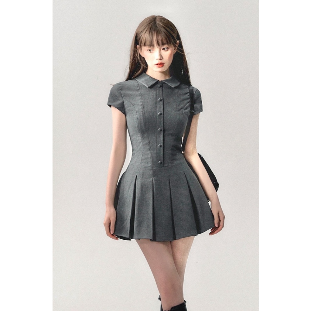 Unihomeclothing เดรสเชิ้ตจับจีบติดกระดุมลายทางสีเทา (มี BigSize) CV179