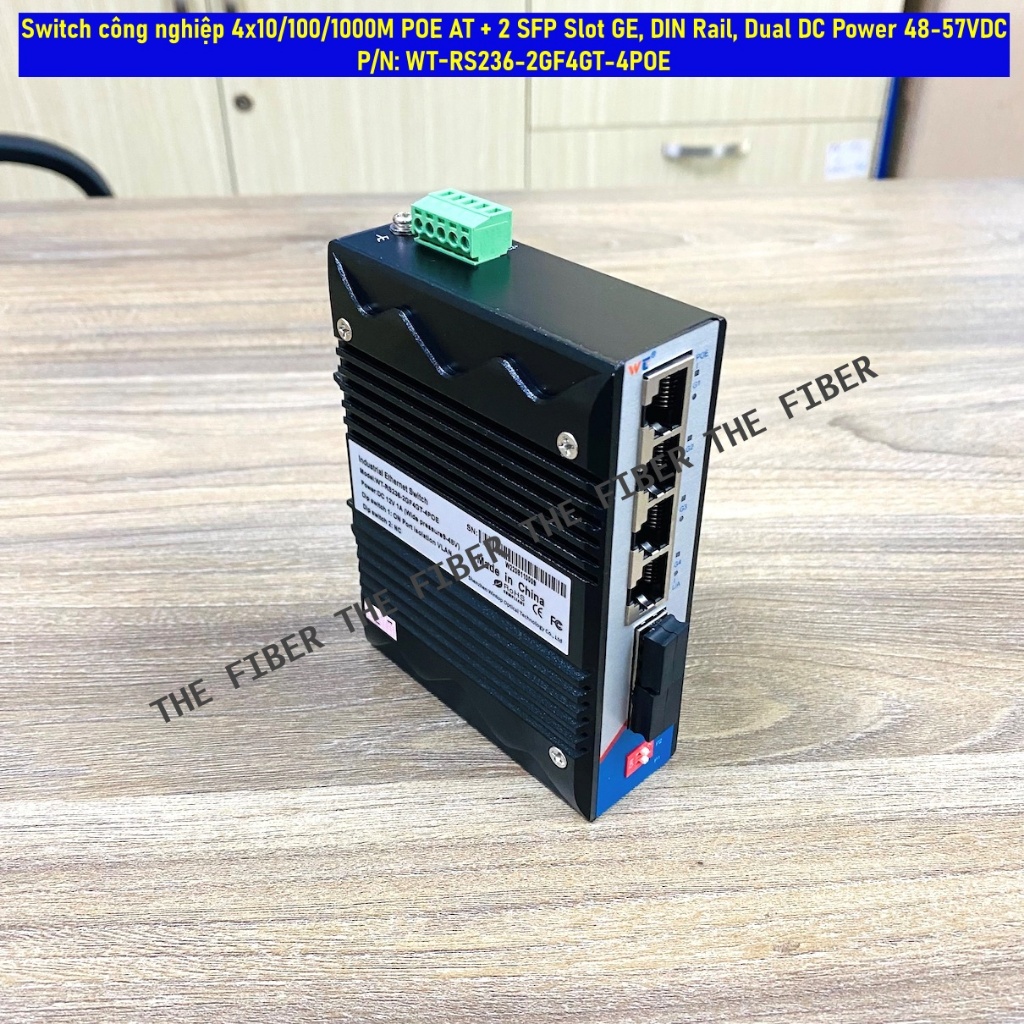 สวิตช์อุตสาหกรรม 4x10/100/1000M POE AT+2 SFP Slot GE, DIN Rail, Dual DC Power 48-57VDC, P/N: WT-RS23