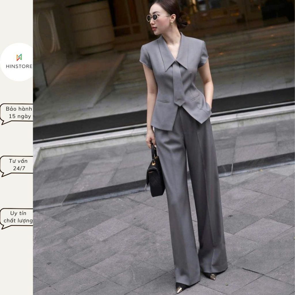 Hinstore office peplum shirt Set, office peplum shirt with button and tie, กางเกงขาตรงยาว 322