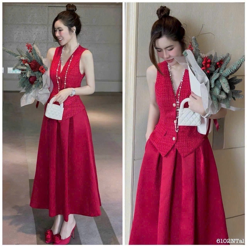 แม็กซี่เดรสทําด้วยผ้าขนสัตว์ผู้หญิง ชุดเซตพร้อมคอวีแขนกุดด้านบนและกระโปรงหิมะบานสไตล์ผู้หญิงหรูหรา