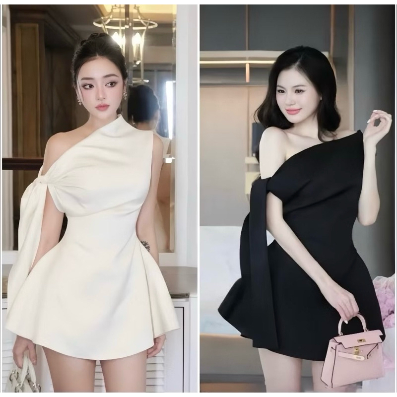 [โวลต์1.834] ชุดเดรสดีไซน์เปิดไหล่เอวบานหรูหรา 2 สี