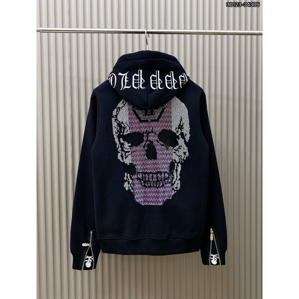 Philip 2024 Fleece Jacket สีดําคุณภาพสูง พิมพ์ลายหินกระโหลกร้อน