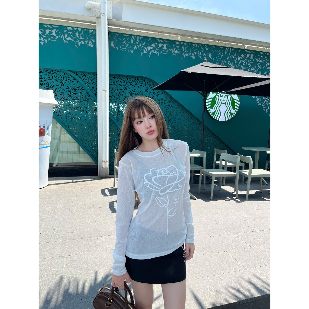 สุจิน เสื้อยืดแขนยาวคอกลมซีทรูสําหรับผู้หญิงพิมพ์ลายดอกกุหลาบนูนสีขาว -ระบบฆ่า ราคา ถูกที่สุด ดีลบีเคเค แกลเลอรีภาพที่ 7