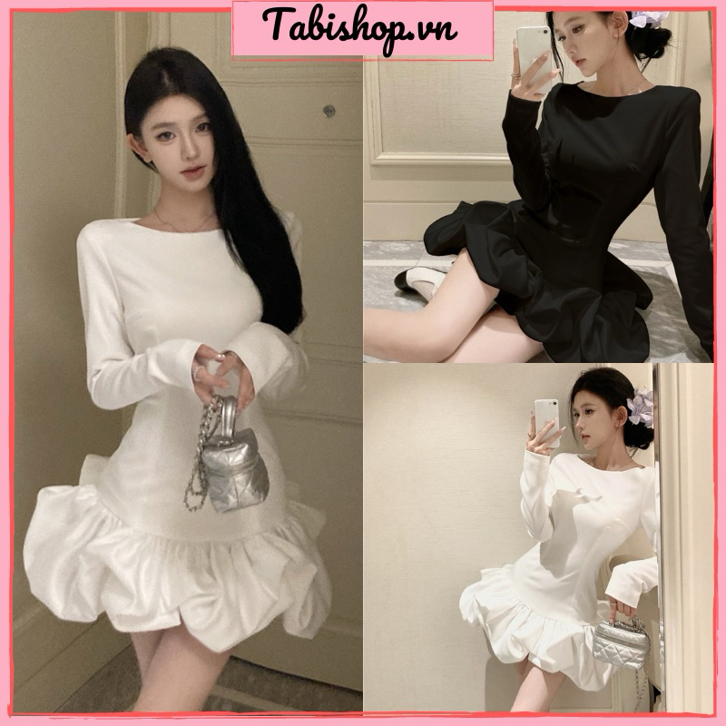 Tabishop เดรสบอดี้คอนแขนยาวอะไหล่บาน ชุดออกงานสีดําและสีขาวหรูหราสุดสําหรับฤดูใบไม้ร่วงและฤดูหนาว