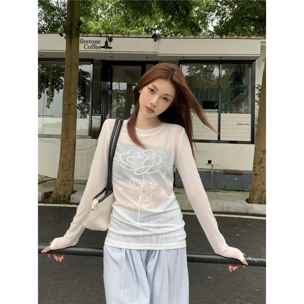 สุจิน เสื้อยืดแขนยาวคอกลมซีทรูสําหรับผู้หญิงพิมพ์ลายดอกกุหลาบนูนสีขาว -ระบบฆ่า ราคา ถูกที่สุด ดีลบีเคเค แกลเลอรีภาพที่ 6