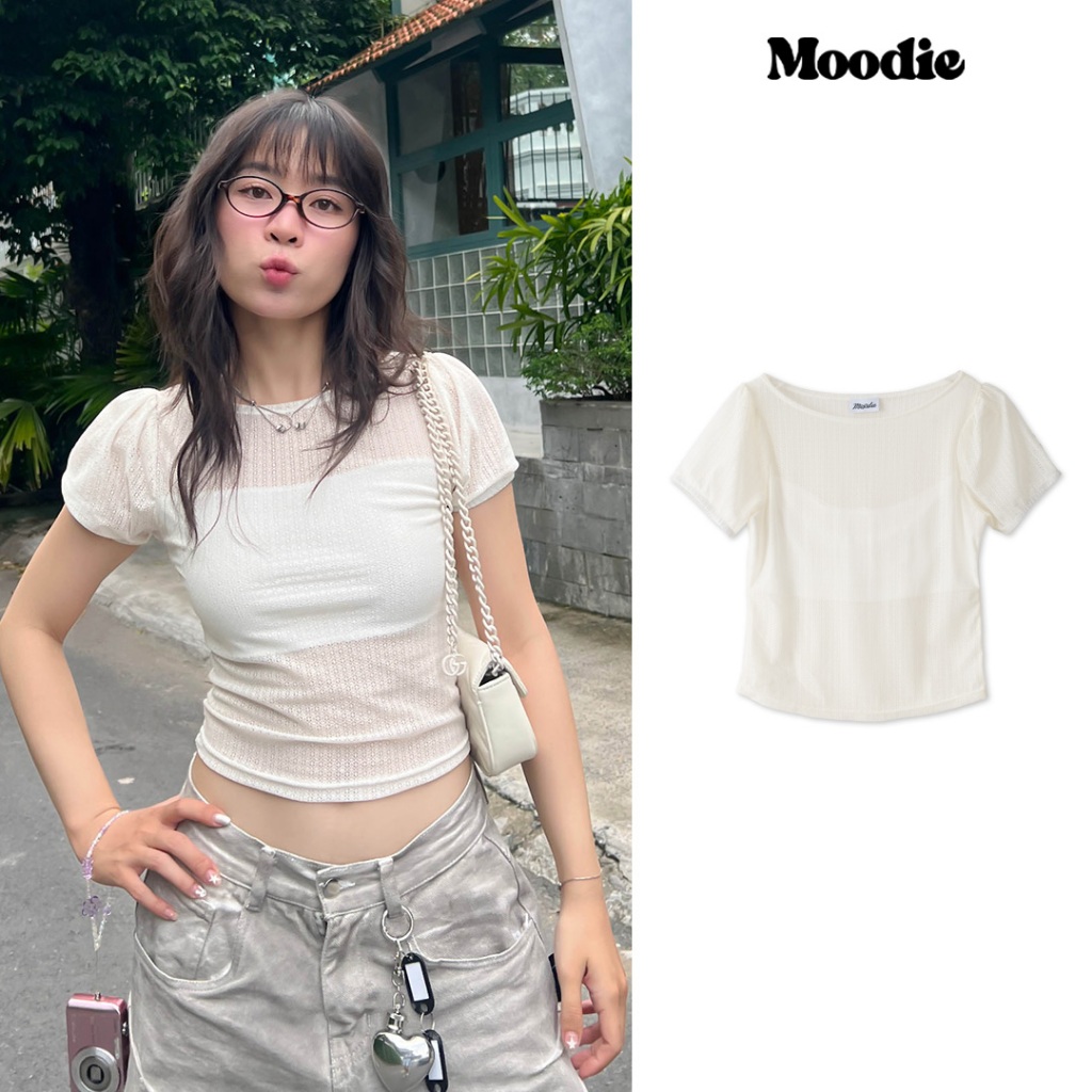 Moodie - Myra Top | เสื้อยืดตาข่ายซีทรูเข้ารูปสําหรับผู้หญิงมีซับในด้านใน