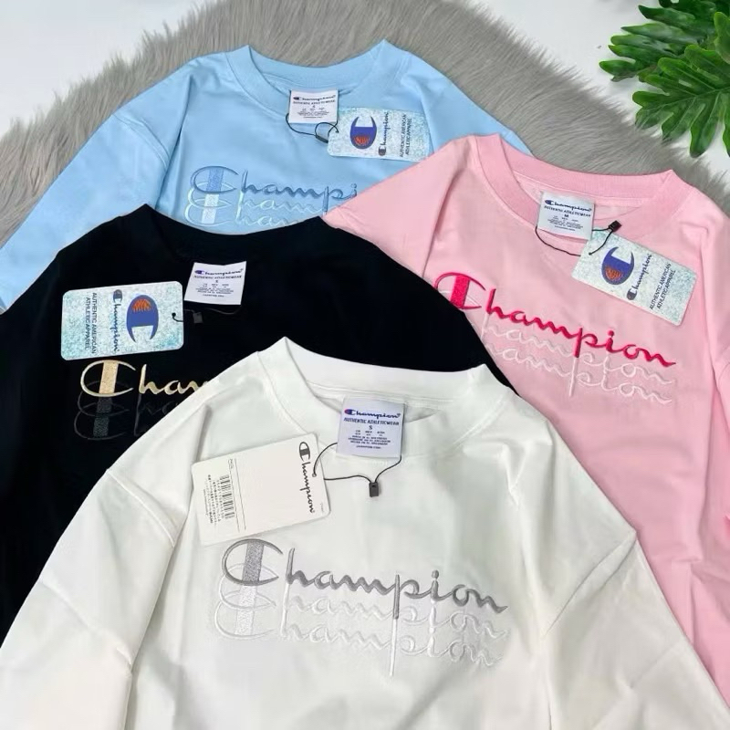 Champion Logo เสื้อยืดปัก Hot Trend 2024 Unisex Loose Form 100% cotton 2-Way Stretch Fabric - Full Tag Zip Bag