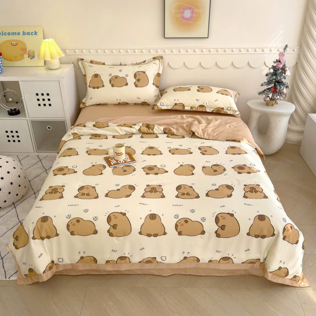 HQ เครื่องนอน capybara และ labubu non-silk ชุดเครื่องนอน ผ้าไหมรุ่นใหม่ล่าสุด ชุดเครื่องนอน ผ้าห่มเพ