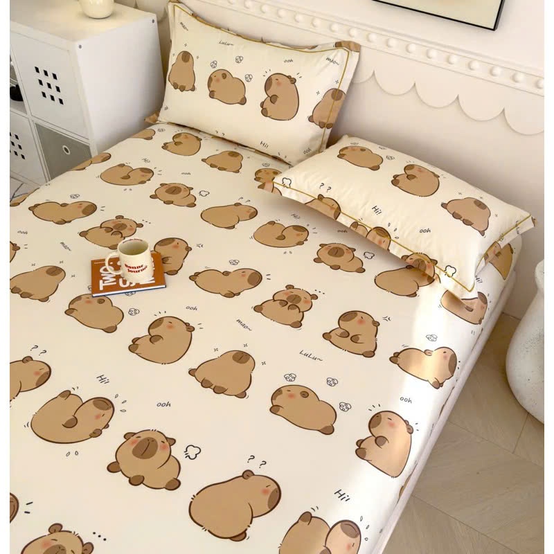 HQ เครื่องนอน capybara และ labubu non-silk ชุดเครื่องนอน ผ้าไหมรุ่นใหม่ล่าสุด ชุดเครื่องนอน ผ้าห่มเพ