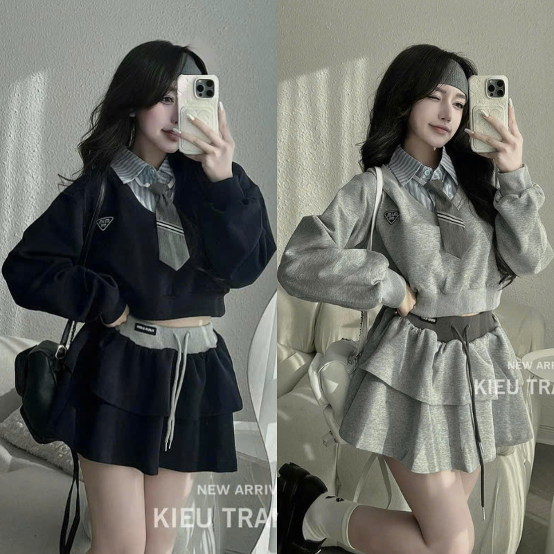 ชุดเซ็ต 3 ชิ้นผู้หญิง - เสื้อสเวตเตอร์ถักโครเชต์แขนยาวคอปกเชิ้ตผสมผูกเน็คไทและกระโปรงบานชั้นสุดน่ารัก