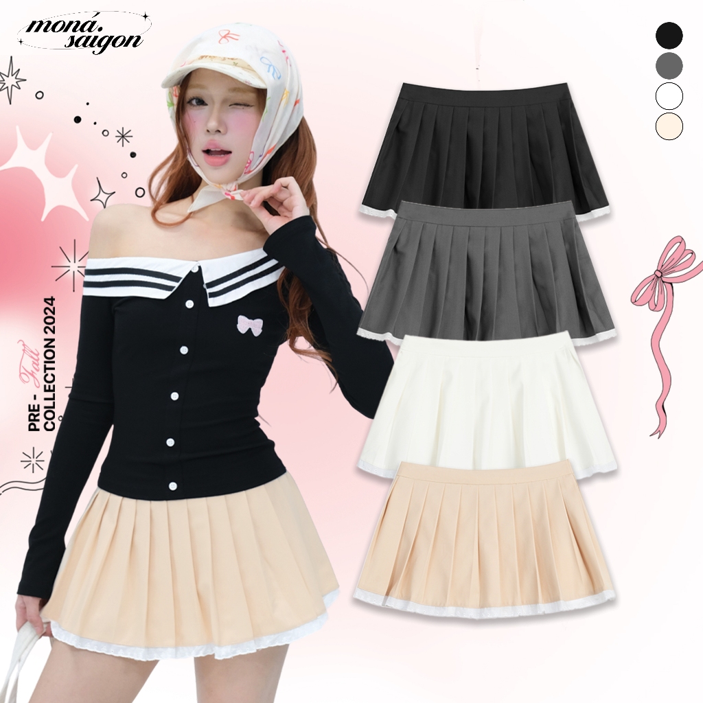 กระโปรงจับจีบผู้หญิงมีลูกไม้มี MON - JULIE SKIRT