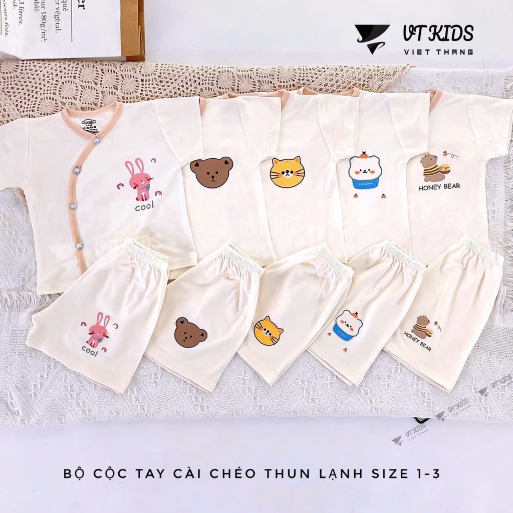 VT kids ชุดกระดุมแขนสั้นสีขาวครีมพิมพ์ลายน่ารักและยางยืด petit