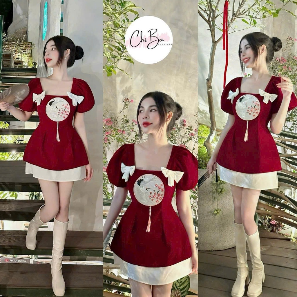 เดรสดีไซน์น่ารัก เซตเก็บหุ่นสาวออกงานถ่ายรูปสวยมากเสื้อคอเหลี่ยมปักโบว์ผสมกระโปรงทรงเอมีซับใน