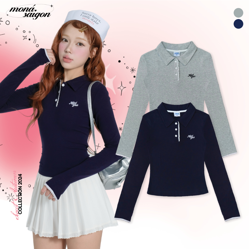 เสื้อโปโลแขนยาวผู้หญิงลูกไม้ปัก MON - NELLY VER LONG SLEEVES