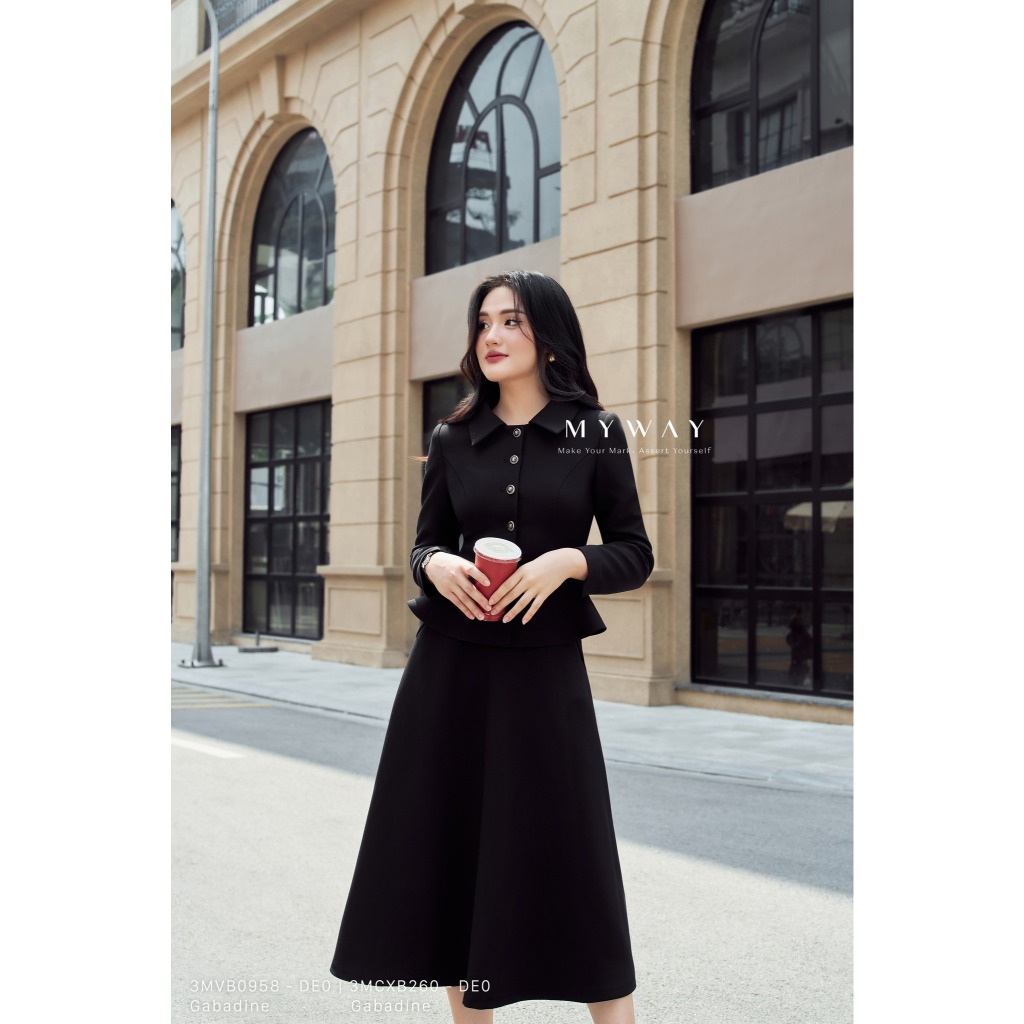 MY WAY ชุดเสื้อกั๊กผู้หญิงพร้อมกระโปรงบานคุณภาพสูงคอปกเยอรมันทรง Peplum 3MVB0958 - 3MCXB260 - DE0