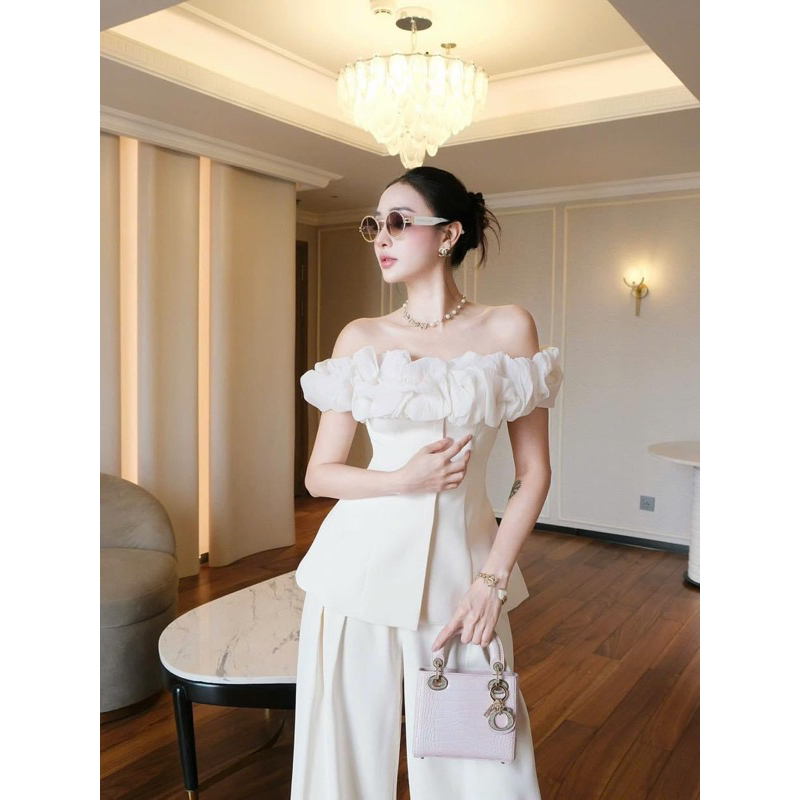 BECHIC CLOTHING SET WIDE-LET PANTS SET LUXURY STYLE OFF-Shoulder Blouse, Flattering Waist Shirt