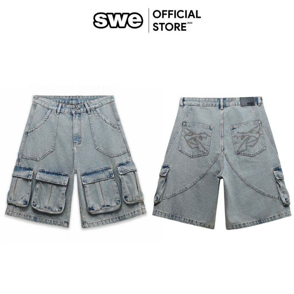 กางเกงยีนส์ขาสั้นผู้ชาย/ผู้หญิง Unisex SWE NOMAD DENIM SHORTS - สีน้ําเงินฟอก