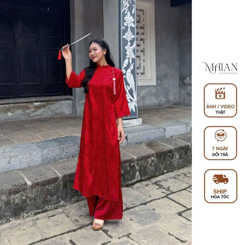 Ao dai ทรงหลวมทันสมัยทําจากผ้าไหมโบรเคดคุณภาพสูงพิมพ์ลายดอกไม้ เสื้อคอเต่า Maian ผสมผสานกับกางเกงผ้าไหมเนื้อนุ่มสวมใส่วันหยุด S5171