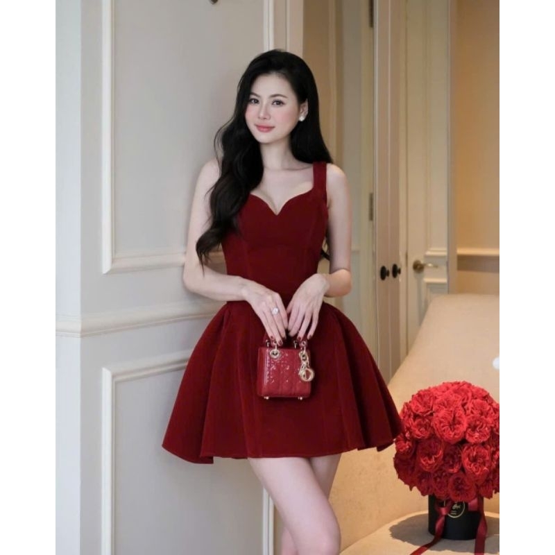 2ส เดรสบานกํามะหยี่สีแดง เดรสผู้หญิง สําหรับงานปาร์ตี้ ออกงาน โวลต์037