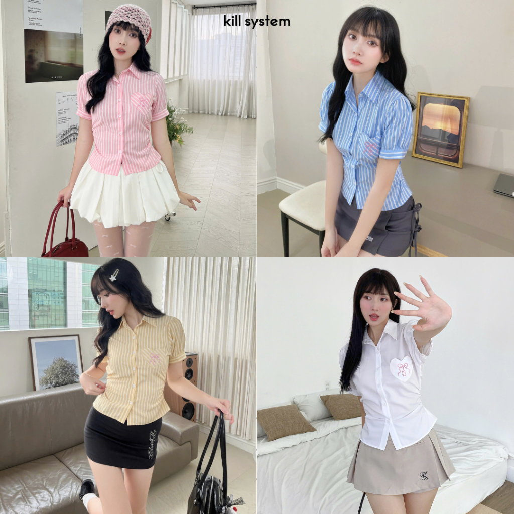 เสื้อเอวผูกโบว์ จุนฮี ปักโบว์และกระเป๋าหัวใจกระต่าย -ระบบฆ่า