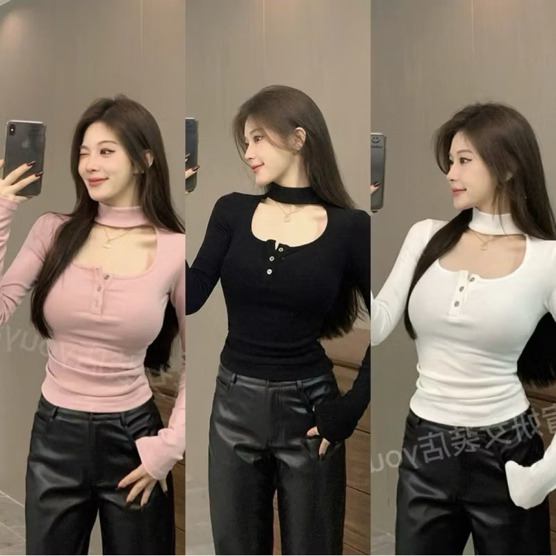 SUPER LUXURY ผู้หญิง U-NECKLACE CHOCKER BUTTON-NECKLACE ชุดแขนยาว GR114