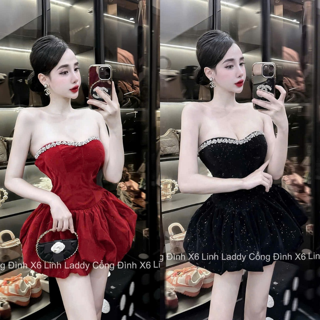 เดรสกํามะหยี่ผู้หญิงสวยเย้ายวน เดรสกํามะหยี่ประดับเลื่อม บลิง พร้อมรูปเงาพองสั้นและสายรัดหน้าอกบานพร้อม พลอยเทียม ที่อก หรูสุด