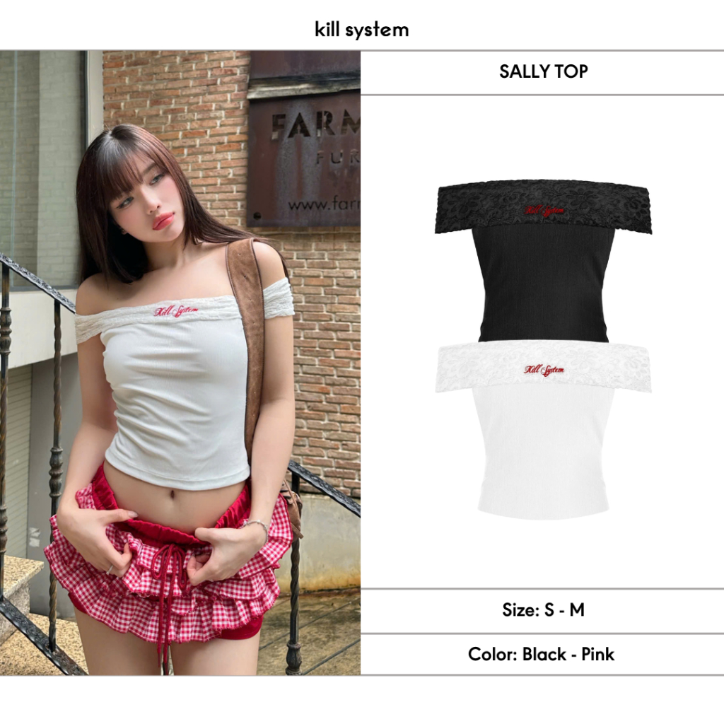 เสื้อปาดไหล่ลูกไม้แซลลี่ปักโลโก้ระบบฆ่า