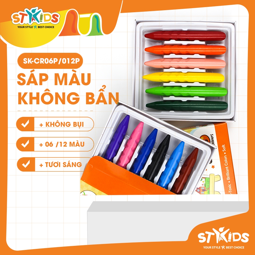 [เอสพีเอ็ม] แว็กซ์เพ้นท์มือไม่สกปรกสําหรับเด็ก | วัสดุ ดินสอสีพลาสติก 6/12 สี | Stakids SK_CR006P, S