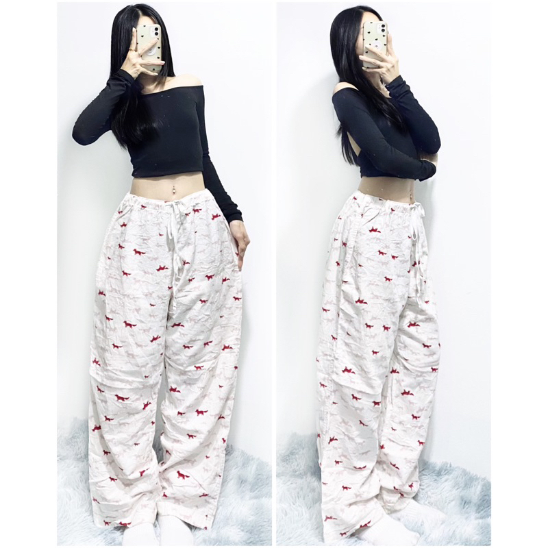 [ 2hand ] Plannel Pant  Cream White Fox Pattern 2 สีอ่อนและสีเข้ม