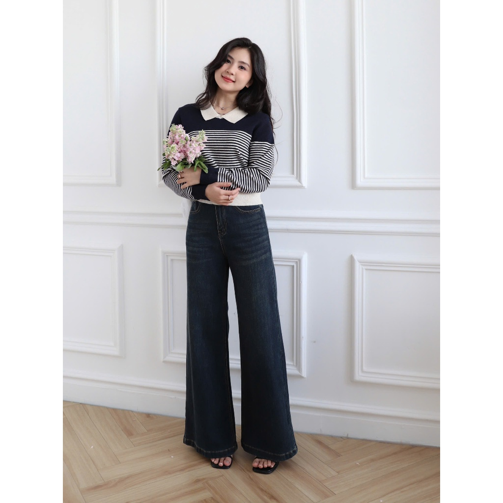 LIN CLOSET [QDL183] กางเกงยีนส์ขาบานสไตล์เกาหลี 9 สีน้ําเงินเข้ม - OCTOBER COLLECTION