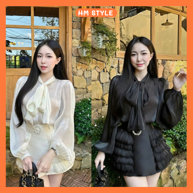 เซ็ตเสื้อแขนพองผูกโบว์+กระโปรง ทัฟต้า หลายชั้นสุดหรูพร้อมชาร์ม HB477