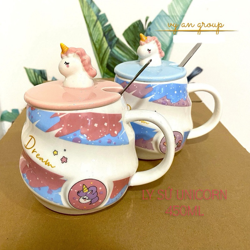ถ้วยเซรามิก - ถ้วยเซรามิก Pony and Unicorn ความจุ 450ml พร้อมฝาปิดและช้อน - ถ้วยเซรามิคของขวัญ - Vy 