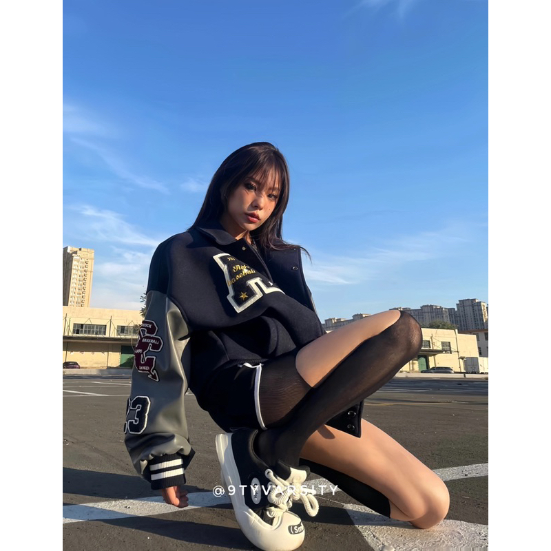 Bomber Varsity Jacket Achock LONDON ผู้ชายและผู้หญิง Unisex Felt หนังโลโก้ปัก 2 ชั้น 9TY