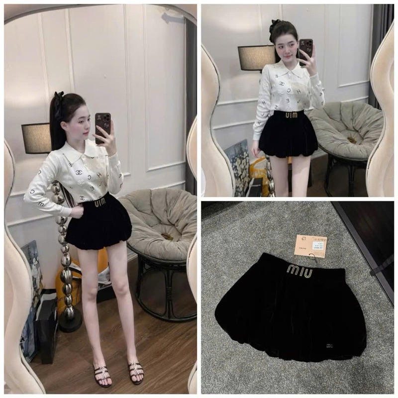 กางเกงขาสั้นกํามะหยี่ฟักทอง Miumiu พร้อมกางเกงขาสั้นเอวยางยืด