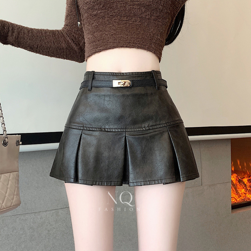 กระโปรงหนังจีบสั้นหรูหรากระโปรงจีบหนัง ปู่ สไตล์ ย2เค หนังนุ่มและเรียบสวย