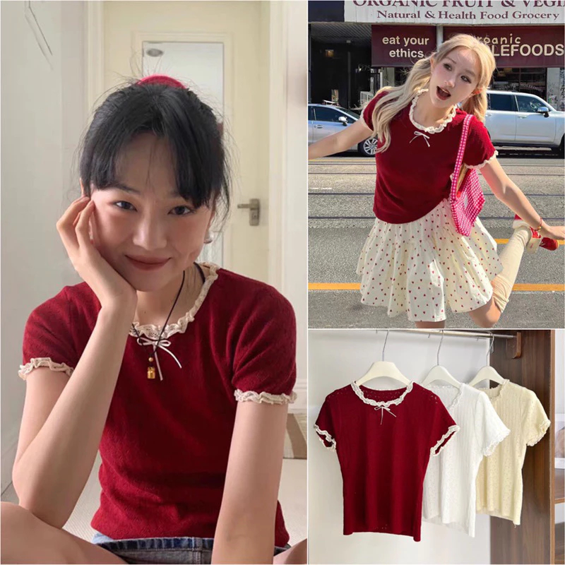 เสื้อยืดแขนสั้นผู้หญิงผูกโบว์และลูกไม้ปลายแขนวัสดุยางยืดสุดเท่สไตล์เซ็กซี่ ก1730