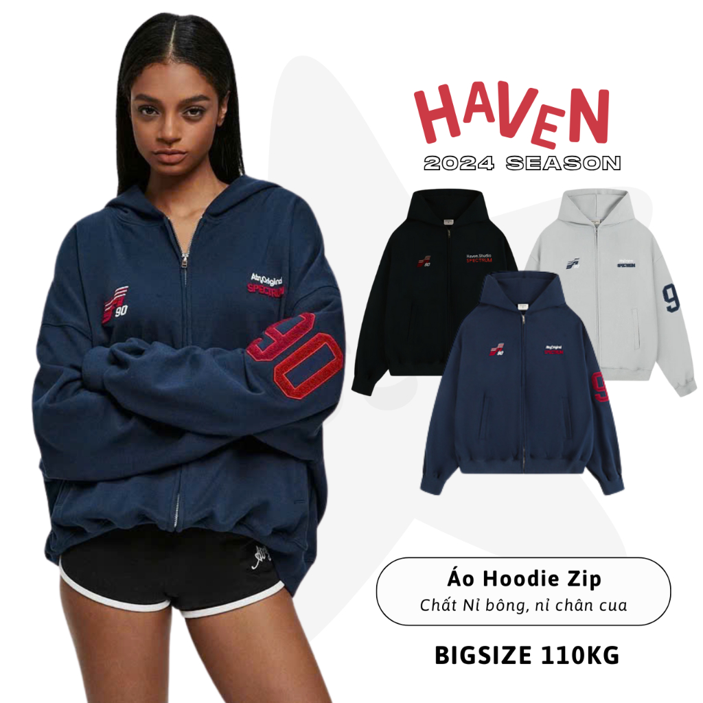 Haven Studio bigsize boxy Zip Hoodie สําหรับผู้ชายและผู้หญิงรู้สึกปูปักหลวม สีดํา เทา น้ําเงิน ดํา