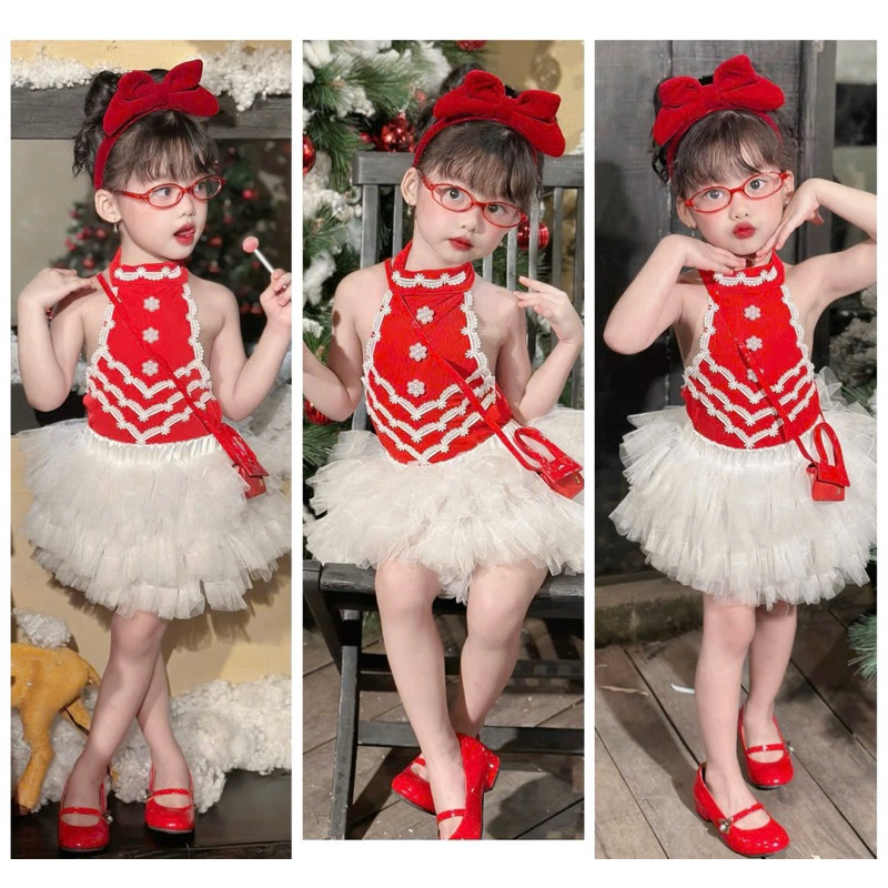 ชุดกระโปรงตูตูตาข่ายสีขาว+คอเต่าลูกไม้สีแดงสําหรับเด็กผู้หญิง
