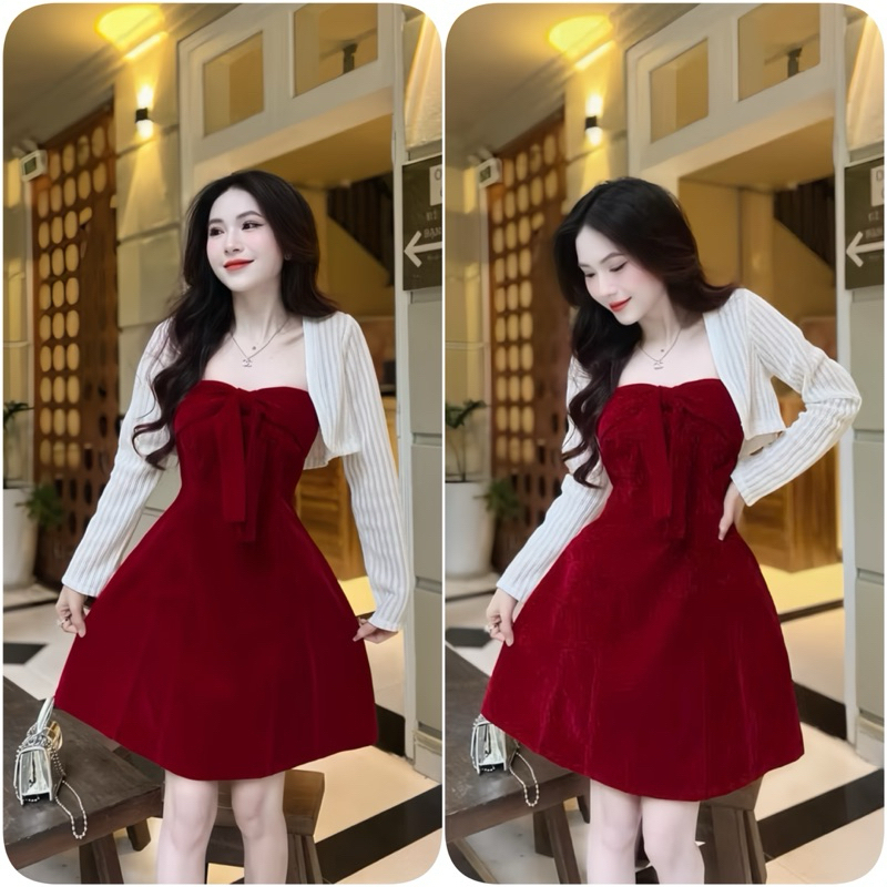 ชุด เดรสกํามะหยี่สีแดง โบว์ใหญ่ + เสื้อสเวตเตอร์ถัก ชุด เดรสกํามะหยี่ สําหรับ คริสต์มาส ใส่ได้ 2 แบบ HB199