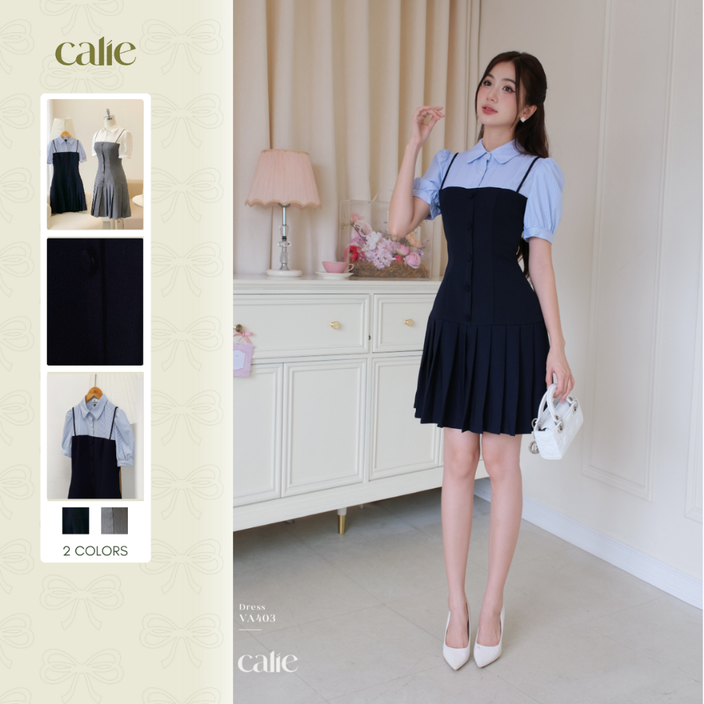 Calie VA403 เดรสทรงเอคอปกจับจีบ