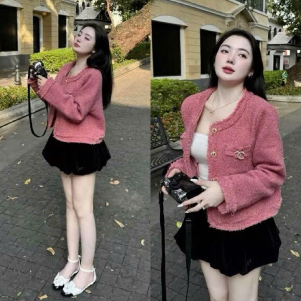 (ฟรีแท็กหิน): เสื้อแจ็คเก็ตเย็นทวีดสีชมพูผงสุดฮอตพร้อมซับไหม 2 อันและกระเป๋าหน้าอกพู่พร้อมแท็ก (รูปถ่ายจริงปกคลุมบนพื้น)