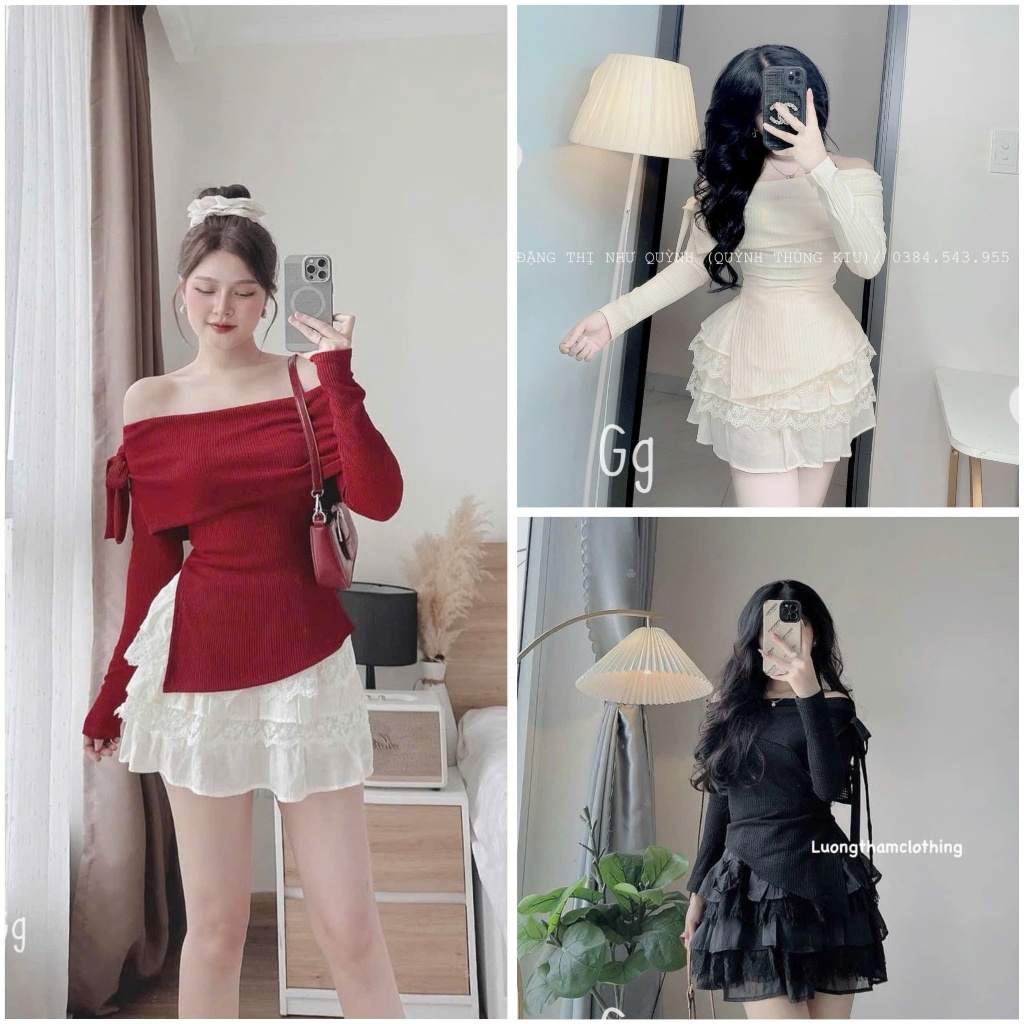 ชุดเซ็ทเดรสดีไซน์สุดน่ารักสําหรับสาวๆไปเที่ยวหรือคาเฟ่สวยมากชุดเสื้อแขนยาวปาดไหล่เฉียงเฉียงผ่าข้างเดียวกับกระโปรงชั้นๆ