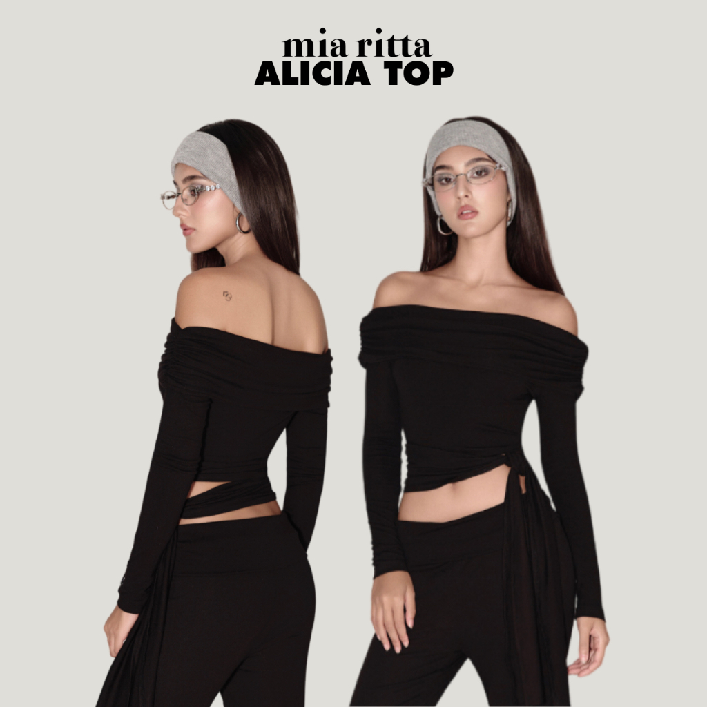 เสื้อยืด Alicia Top Mia Ritta A2216 - เสื้อยืดสีดําปาดไหล่แขนยาวผูกโบว์