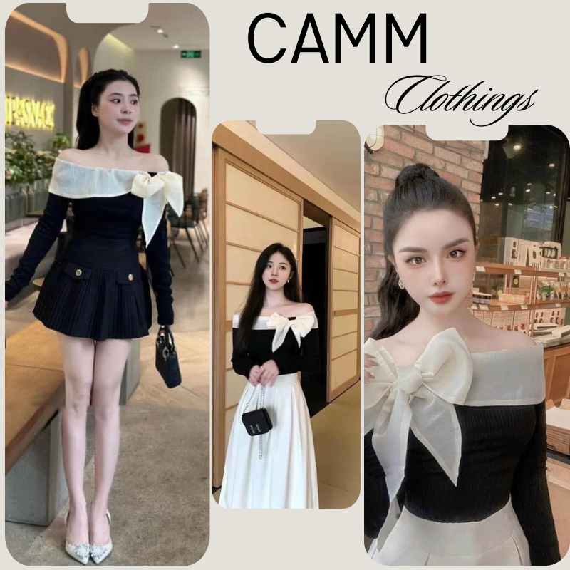 เสื้อยืดแขนยาวเปิดไหล่ผู้หญิงคอคละสีและโบว์นูนยางยืดนุ่มดีไซน์สไตล์คลาสสิก CAMM Clothing HCOM2861
