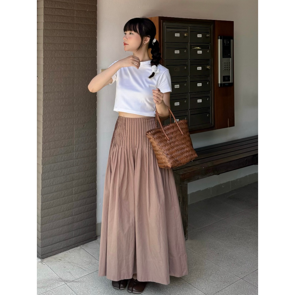 กระโปรงยาวจีบเล็กผ้าลินินเชื่อมหยาบ | ส้มส์ | กระโปรงเซอร์
