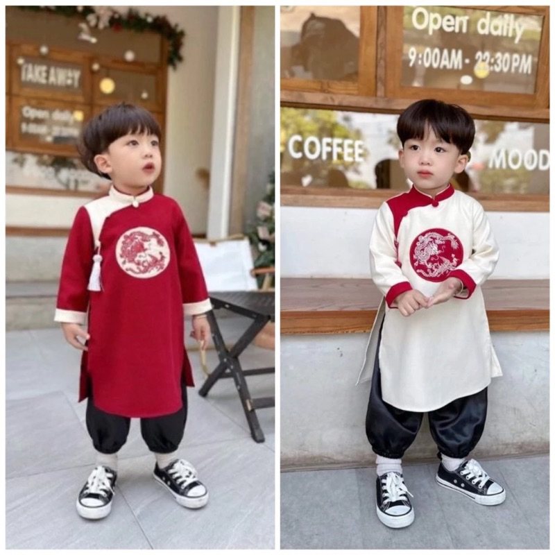 เด็กชาย อ่าวได ชุดเสื้อกํามะหยี่ 3 ตัว กางเกงไหมดํา พร้อมกระดิ่ง ขนาด 10-30กิโลกรัม เด็กชายยุคใหม่ ao dai ปักมังกร