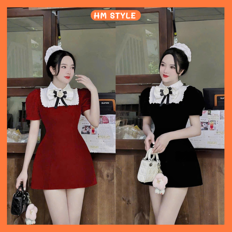 ชุดกํามะหยี่คอปกเสื้อระบายและผูกโบว์ถอดออกได้ชุดเดรสกํามะหยี่แขนสั้นสําหรับสุภาพสตรีใส่ไปคริสต์มาสและเท็ต HV270