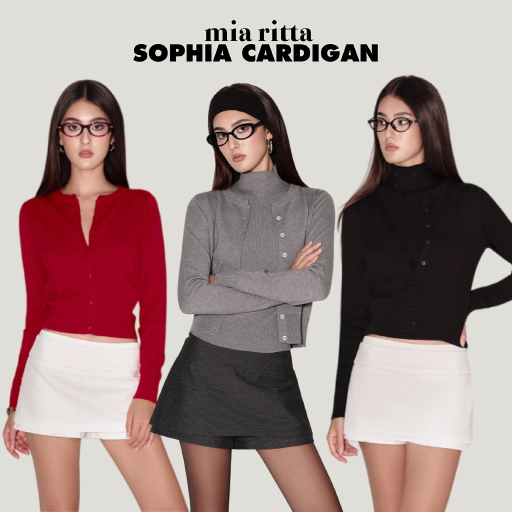Sophia Cardigan Mia Ritta A2218 - คาร์ดิแกนผ้าวูลติดกระดุมแขนยาวผูกโบว์