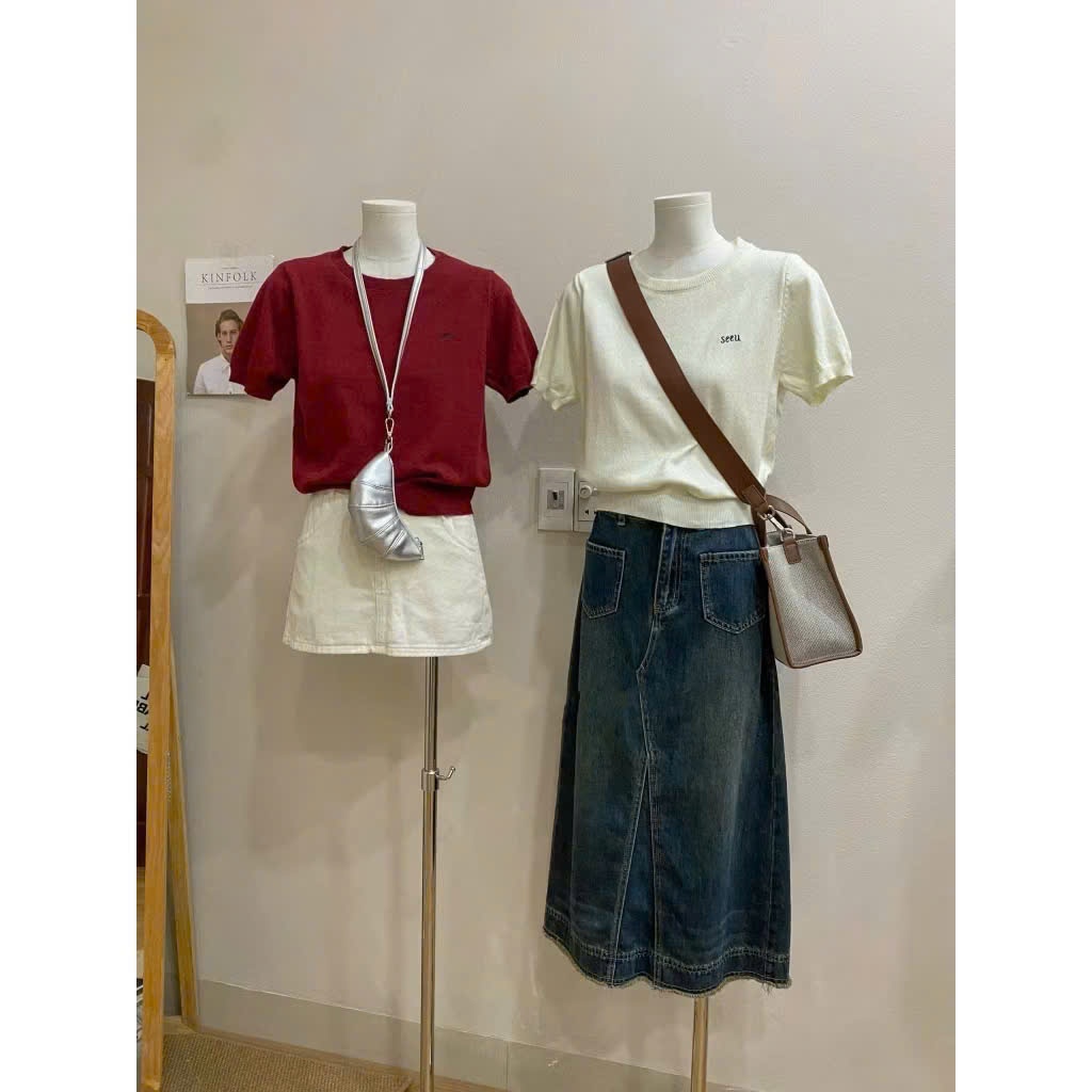 เสื้อสเวตเตอร์แขนสั้นบางปักคํา Seeu XONXEN SHOP รหัส 5051